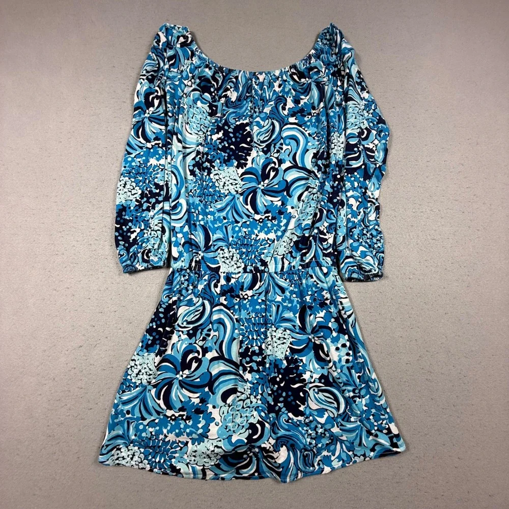 Lilly Pulitzer Calla Off Shoulder Romper Twilight Blue XXS 3/4 Sleeve Blouson